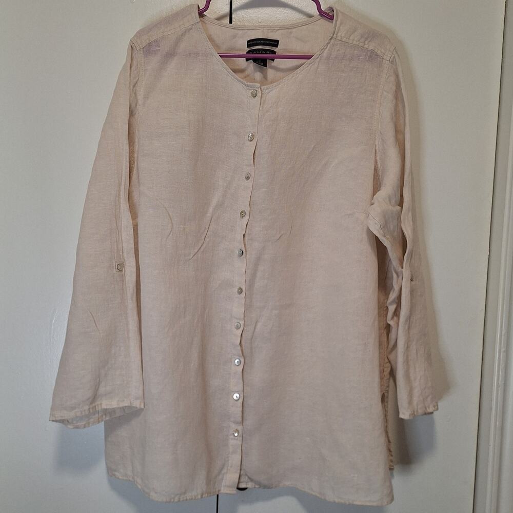 Tahari Linen Button Up Blouse w Roll Up Sleeve Button 2X